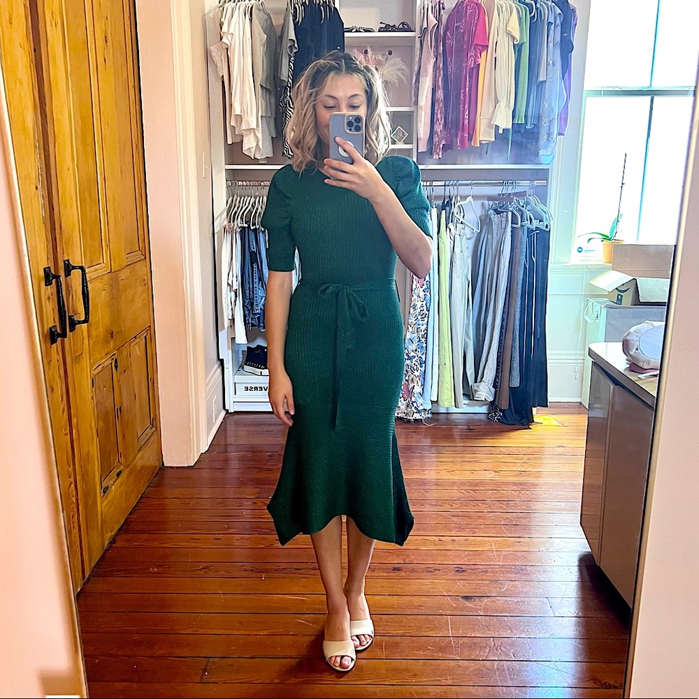Sparkly Green Midi Puff Sleeve Tie Dress Size Small